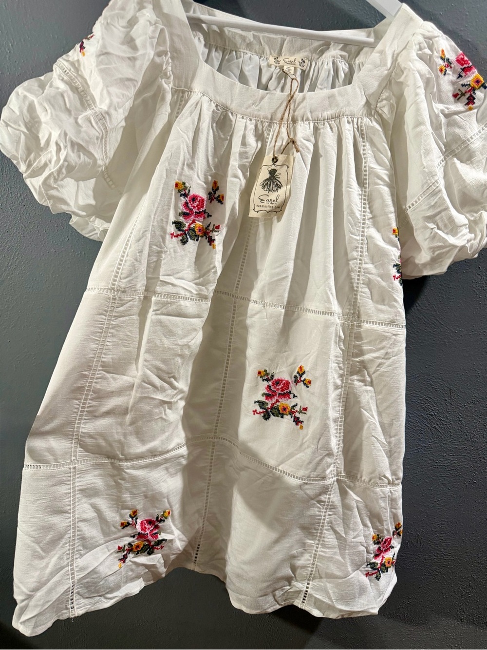 easel White Cotton Peasant Dress with Pink Floral Embroidery